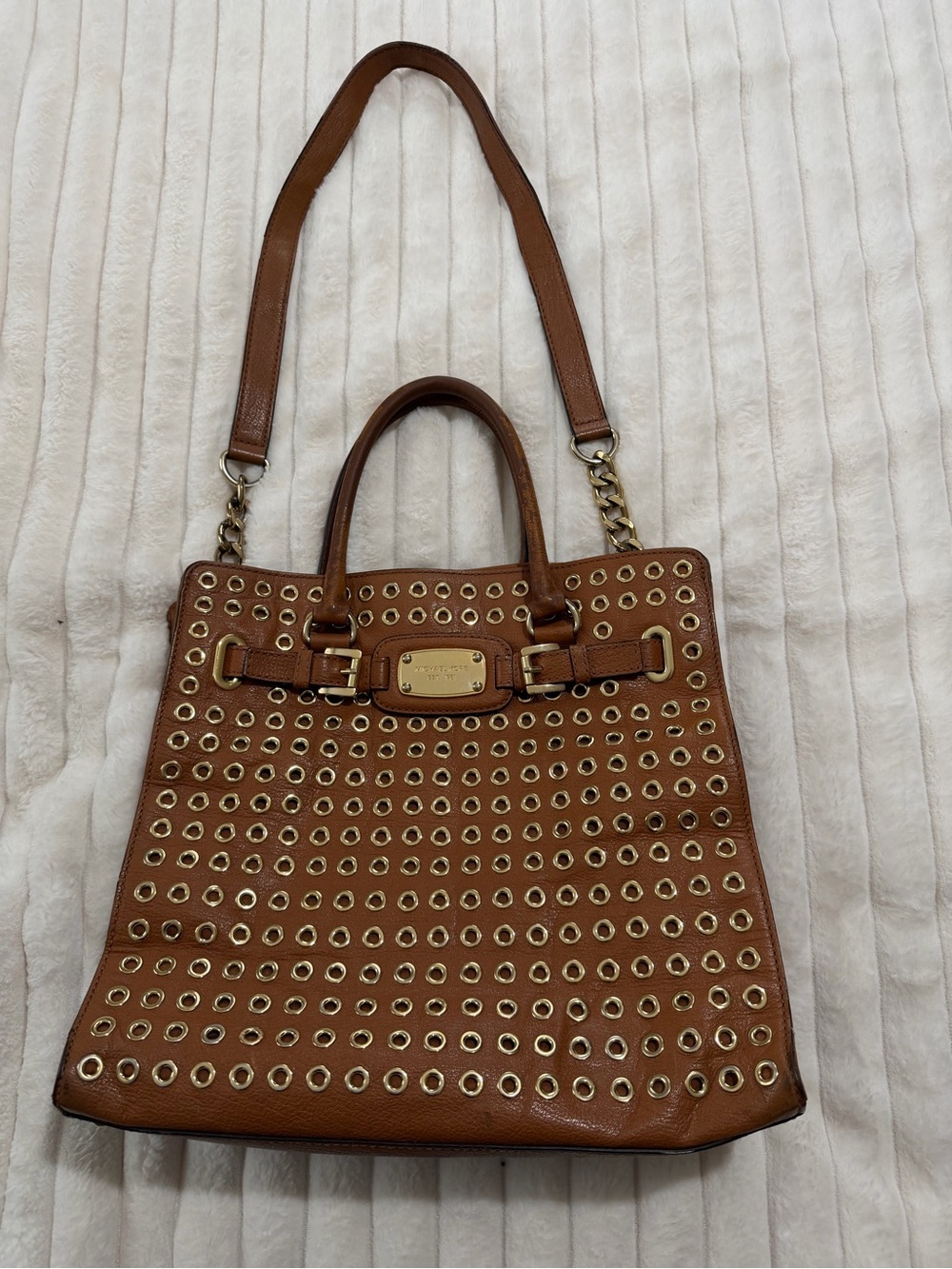 Michael Kors Tan Leather Grommet Tote with Gold Hardware 14x13x5